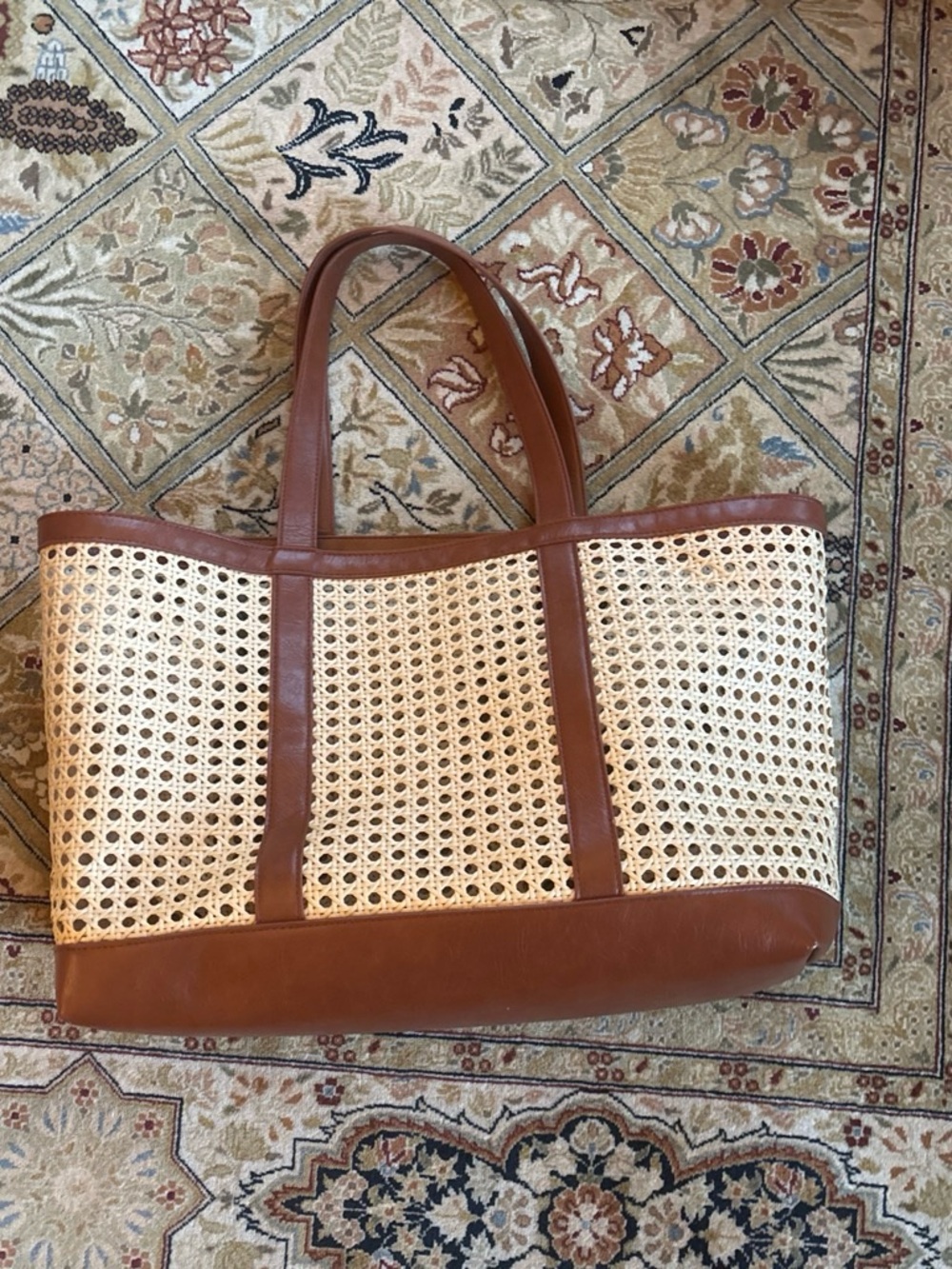 Woven Cane Tote Bag with Brown Trim